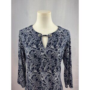Magnolia Grace Womens Small Blue Paisley Polyester/Spandex Top With Keyhole Deta